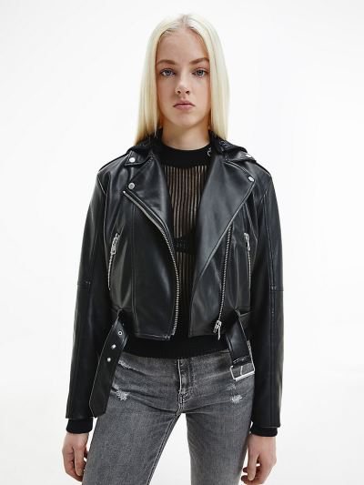 Calvin Klein Ruhák HU687899 | Calvin Klein Hooded Faux Bőr Női Motoros Kabát Fekete